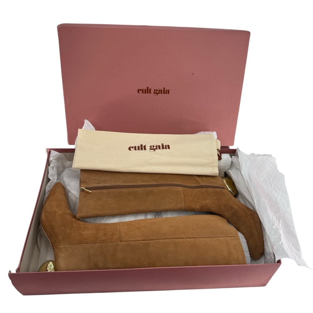 Cult Gaia NEW Zuri Knee High Boot in Camel Brown Gold Sculptural Heel Size 9 - Picture 4 of 14